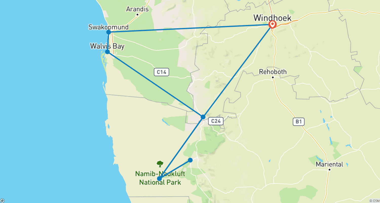خريطة مسار Namibian Adventure (Comfort) 4 Days / 3 Nights