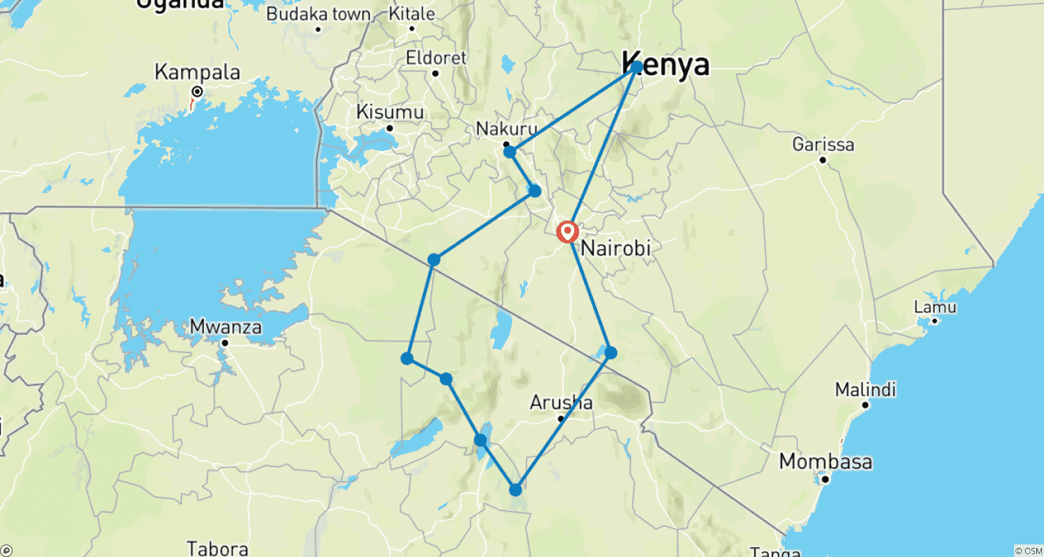 Mapa do percurso de 15 Dias de Safari Combinado no Quênia e Tanzânia