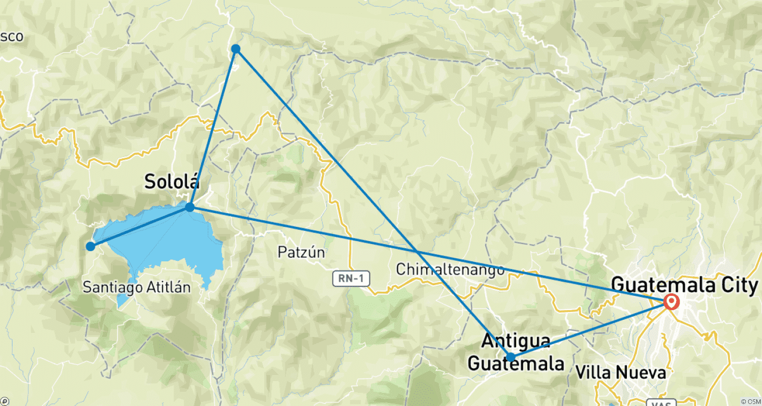 Mapa do percurso de Guatemala - Descobrindo a Guatemala em 5 dias