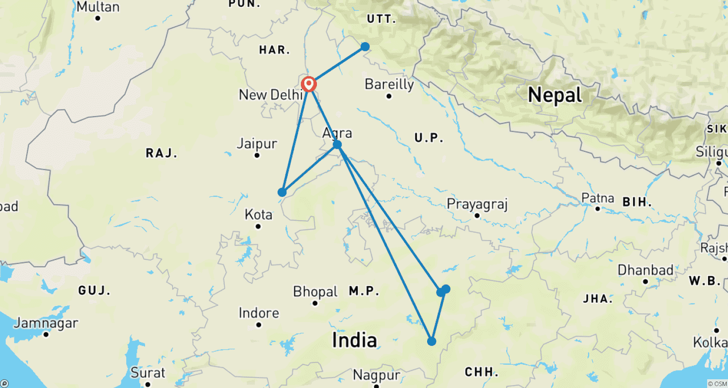 Mapa trasy: Porywające 13 dni popularnego indyjskiego safari z tygrysami i Taj Mahal (WSZYSTKO W CENIE)