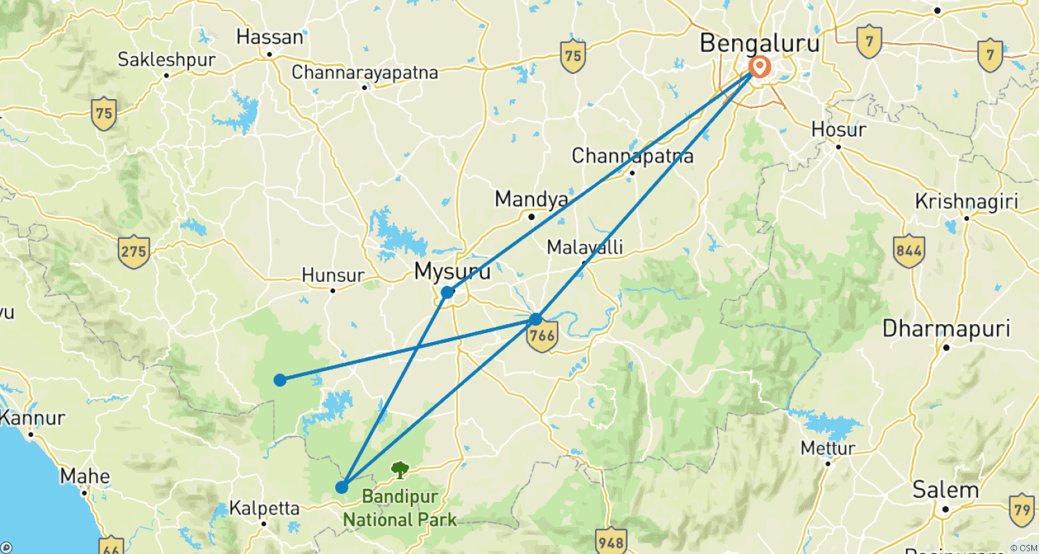 Mapa do percurso de 5 Dias em Wayanad & Kabini saindo de Bangalore – Uma Experiência para Guardar na Memória (TUDO INCLUÍDO)