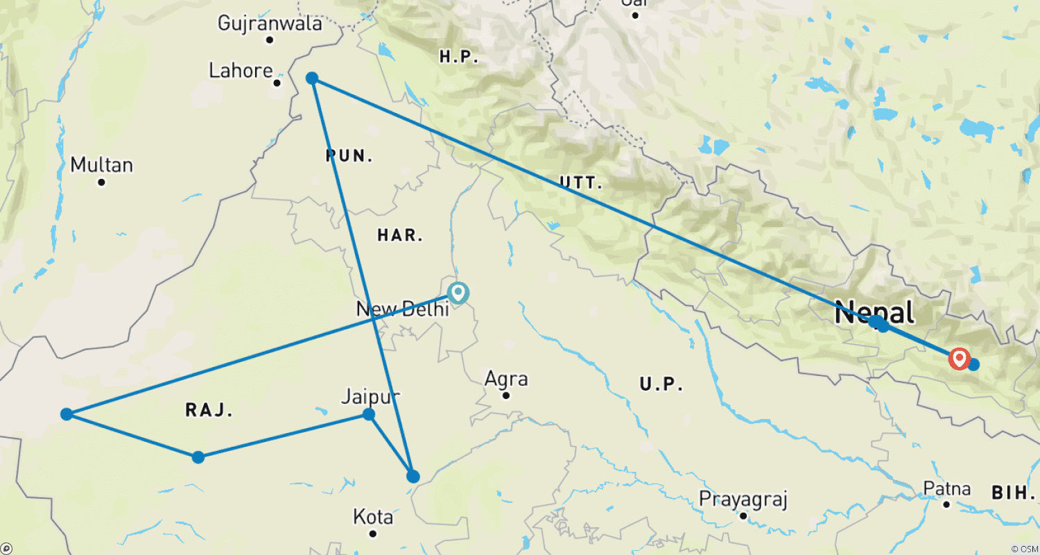 Mapa trasy: 21 Days of India and Nepal(ALL INCLUSIVE)