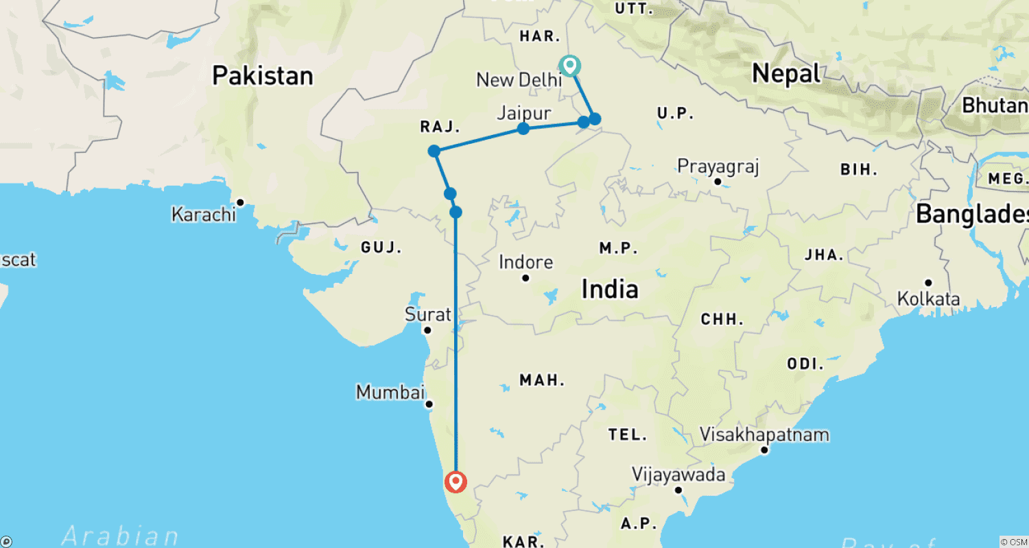 Mapa trasy: Explore The Golden Triangle with Rajasthan and Goa: A 15 Day Dream Journey(ALL INCLUSIVE)
