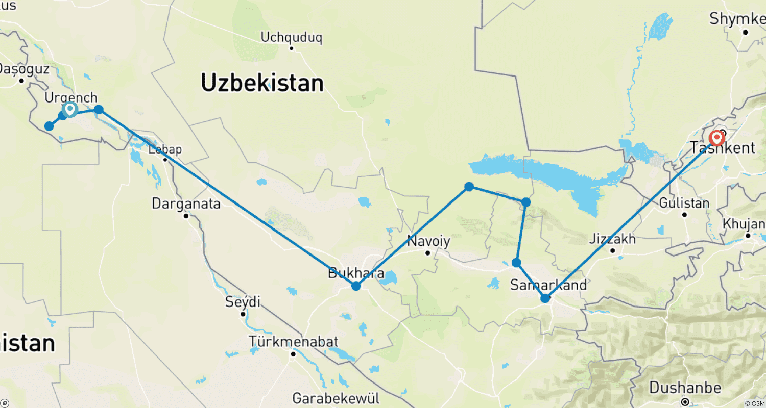 Mapa do percurso de Viagens de Bicicleta no Uzbequistão