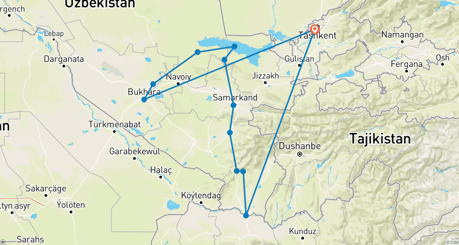 Mapa do percurso de Viagem de Aventura no Uzbequistão: 13 Dias