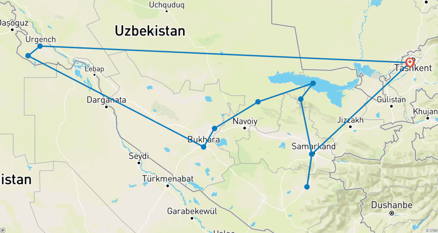 Mapa do percurso de Uzbequistão - Conto de Fadas Oriental na Rota da Seda 11 dias