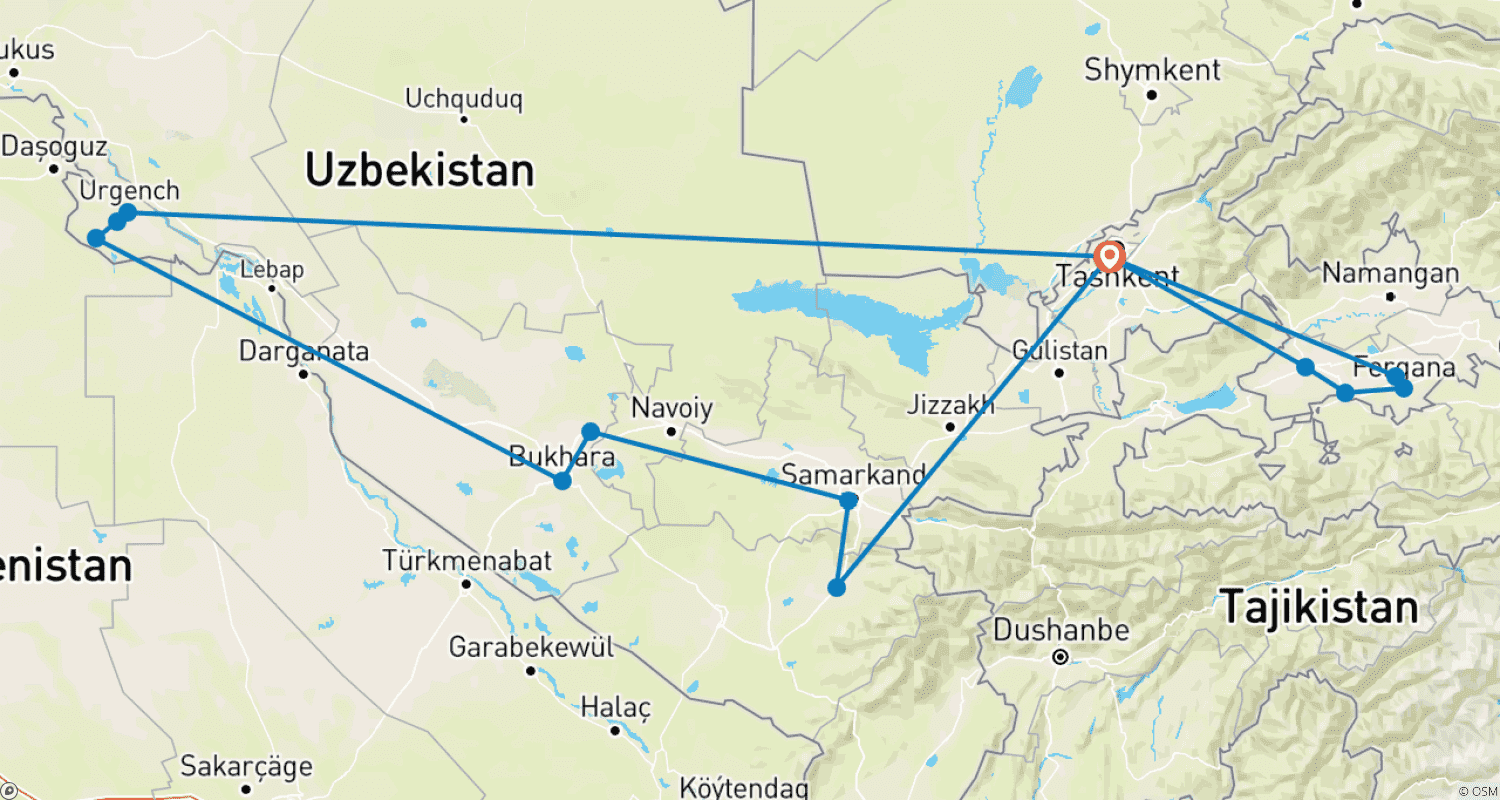 Mapa trasy: 14-dniowa podróż do Uzbekistanu – Klasyczna wycieczka + Dolina Fergańska