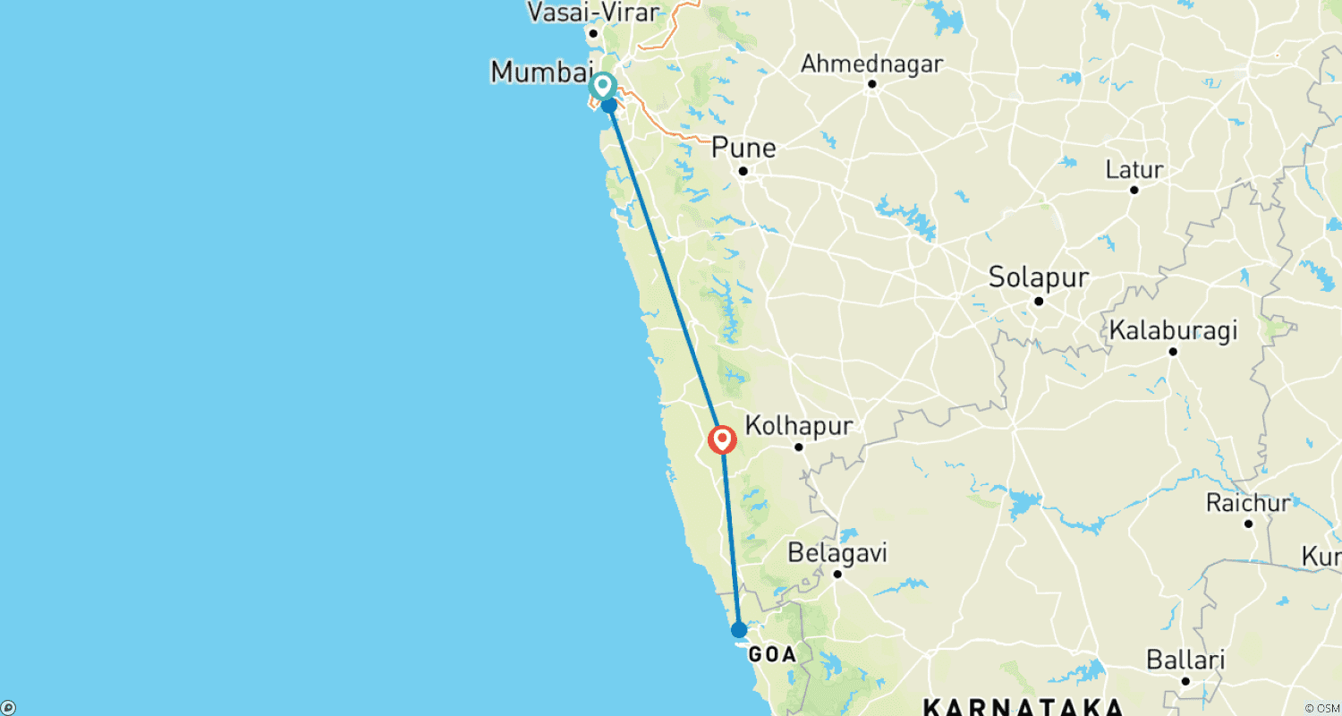 Mapa do percurso de 5 Nights/ 6 Day Mumbai with Goa Tour.