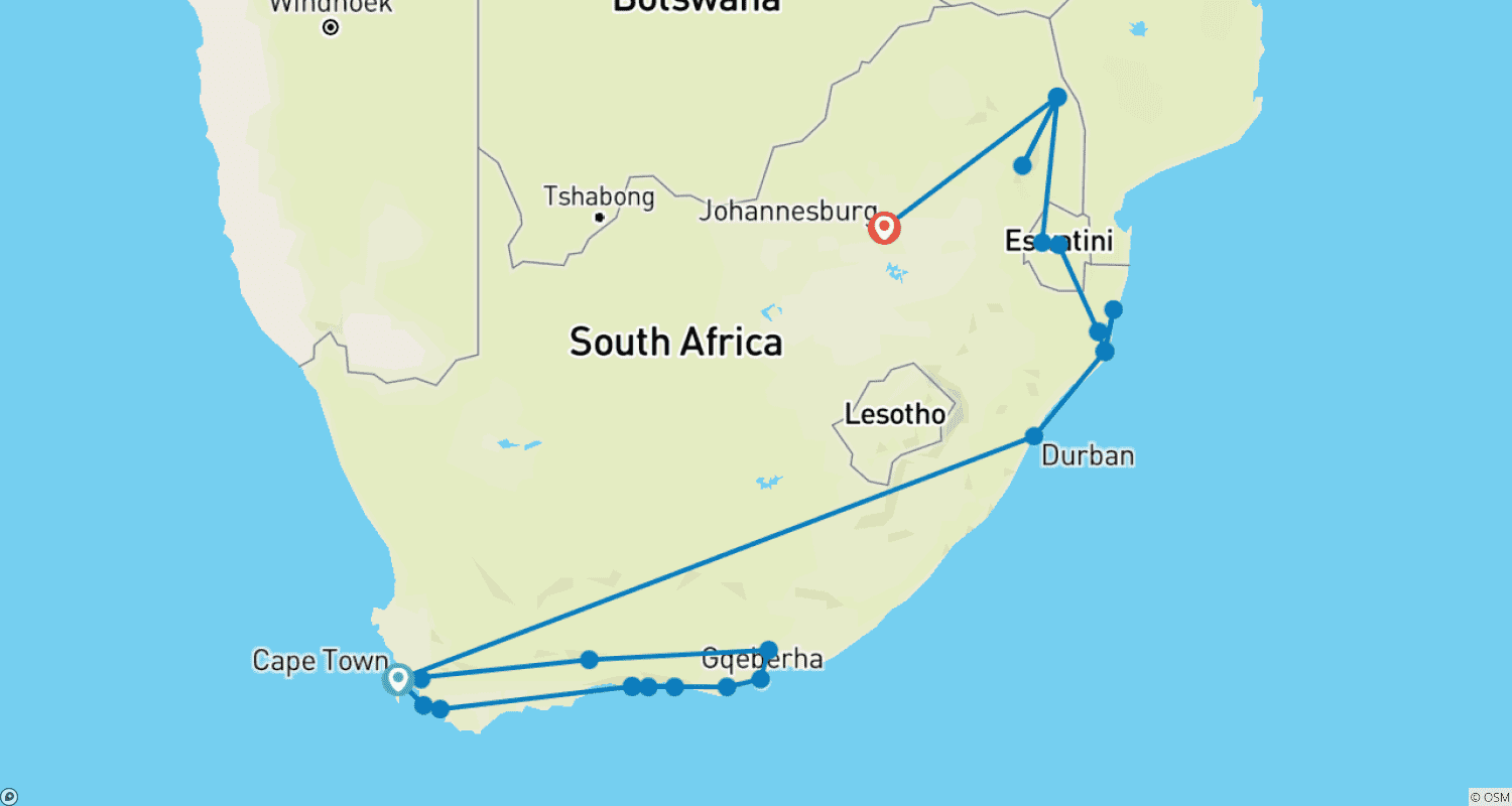 Mapa do percurso de Mar, Safári, África do Sul (Sem Joanesburgo (a partir de 22 de dezembro de 2025), Taxa Aérea Cidade do Cabo para Durban)