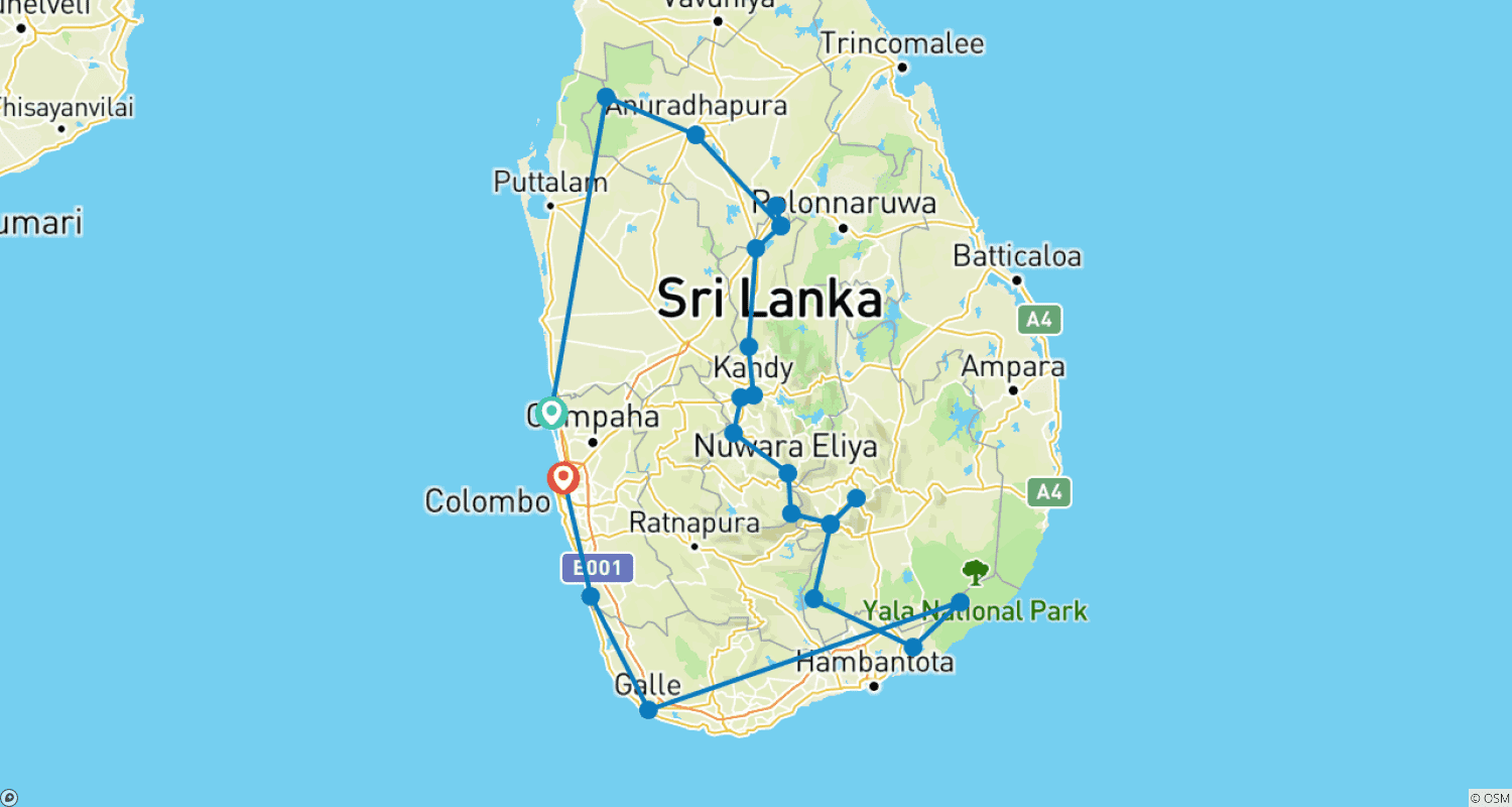 Mapa do percurso de Odisseia na Natureza do Sri Lanka: 14 Dias de Vida Selvagem, Safáris, Trekking e Património