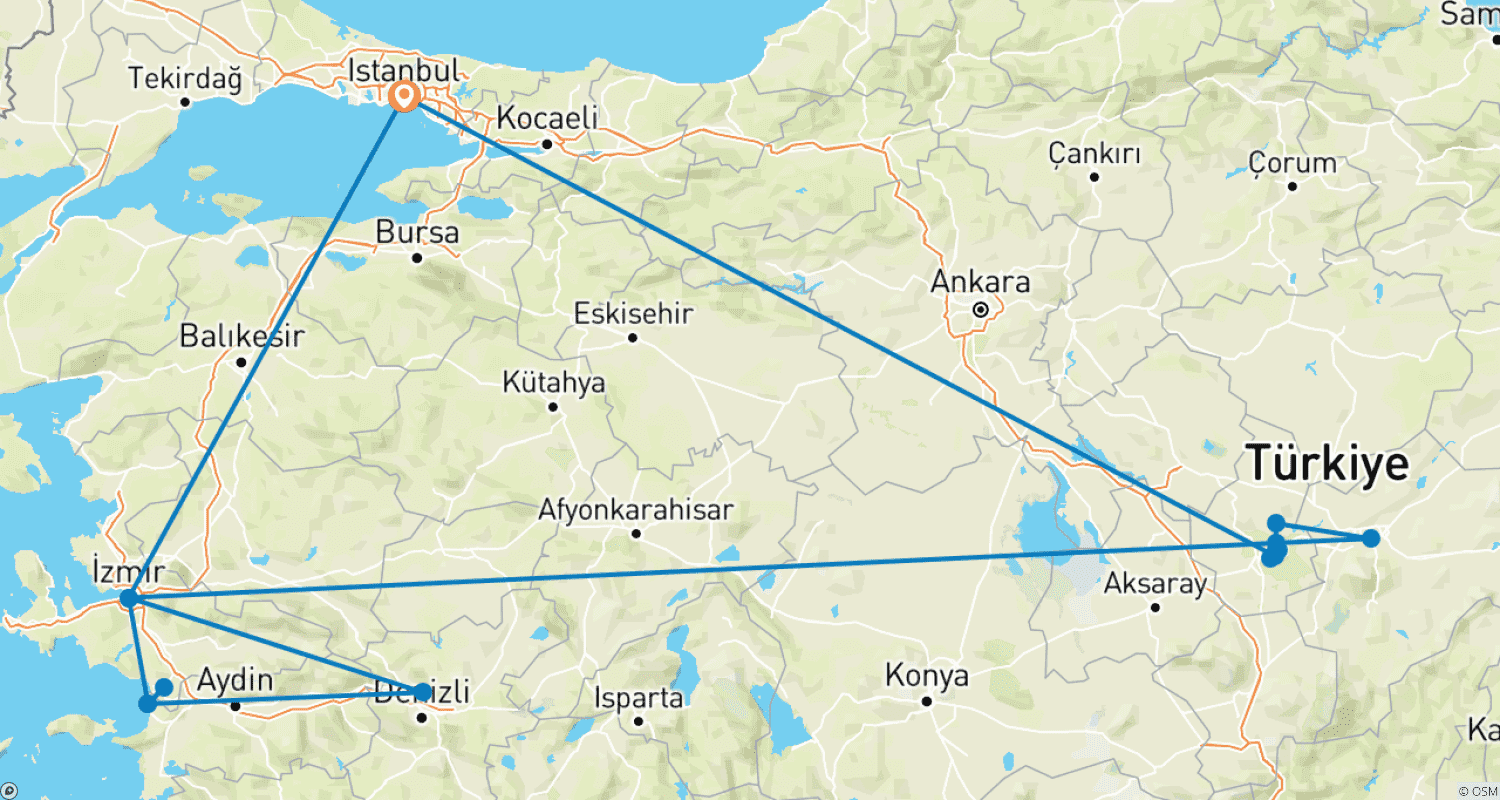 Mapa do percurso de 9 Days Turkey Tour Package – Istanbul, Cappadocia, Ephesus and Pamukkale Tour (Included museum entrance fees)