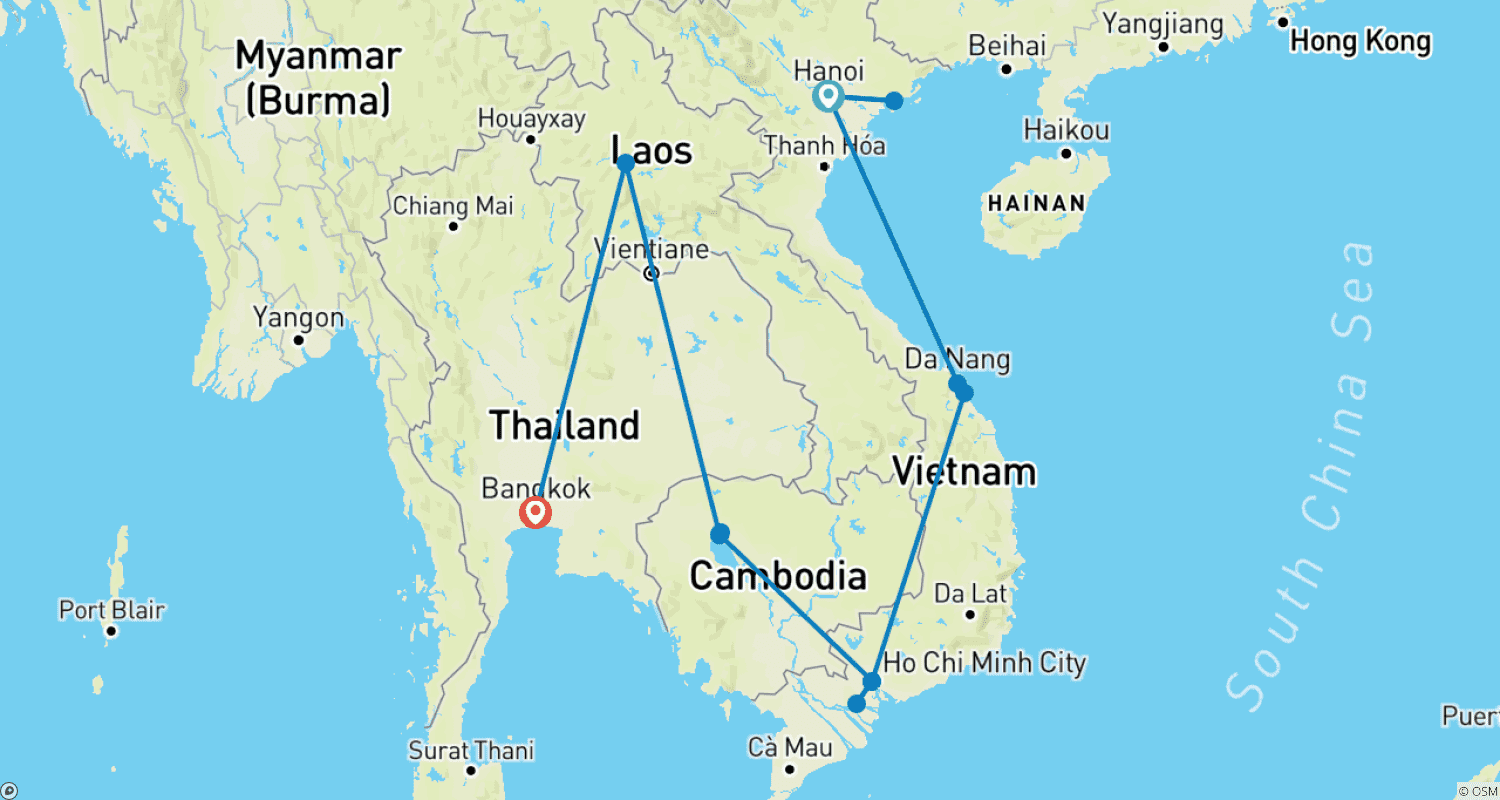 Kingdoms of Southeast Asia Vietnam, Cambodia, Laos and Thailand (Hanoi to Bangkok) (2026)のルートマップ