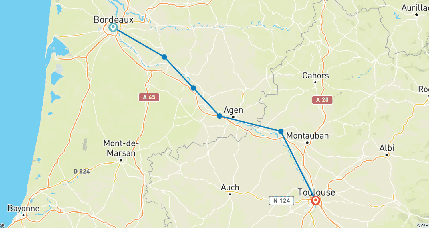Mapa do percurso de De Bordéus a Toulouse ou de Toulouse a Bordéus de Bicicleta (Autoguiado)