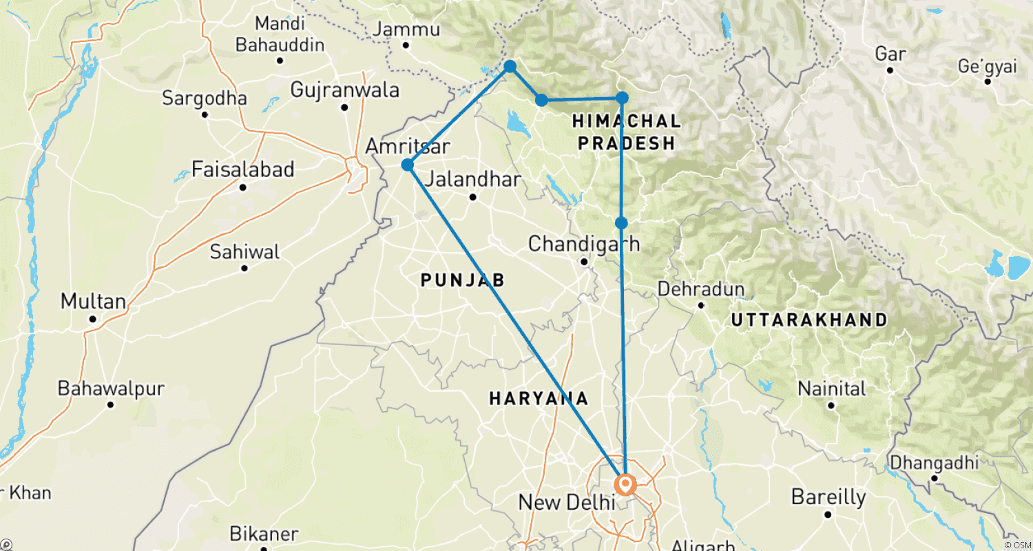 Mapa do percurso de 10 Days Himachal With Golden Temple Tour(ALL INCLUSIVE)