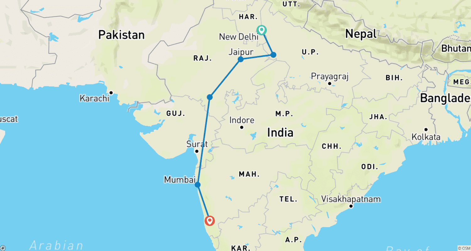 Mapa trasy: Wycieczka Złoty Trójkąt z Udaipur, Mumbajem i Goa All Inclusive