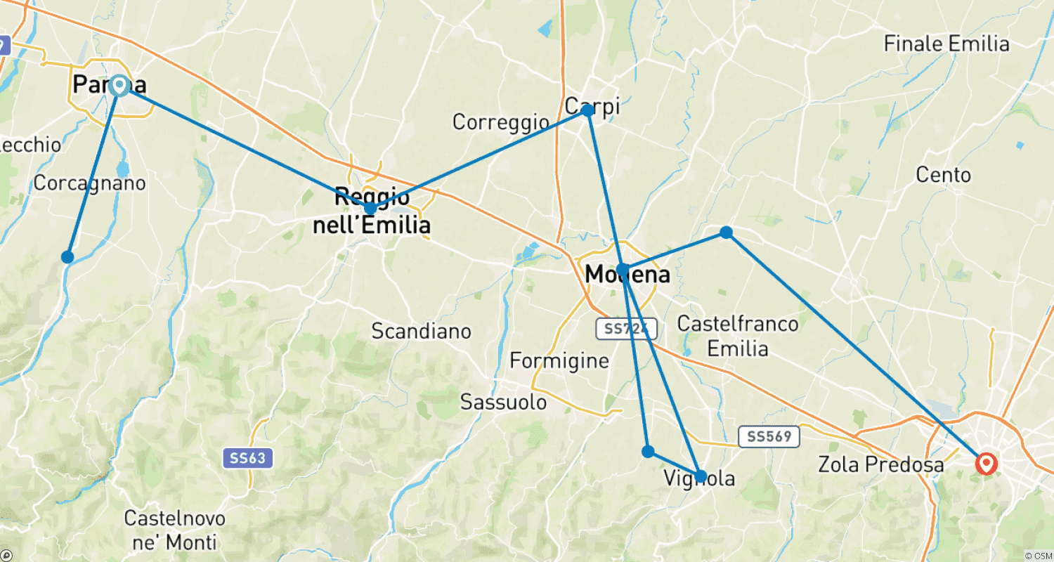 Mapa trasy: Gastronomic Cycling in Emilia-Romagna, from Parma to Bologna Self-Guided