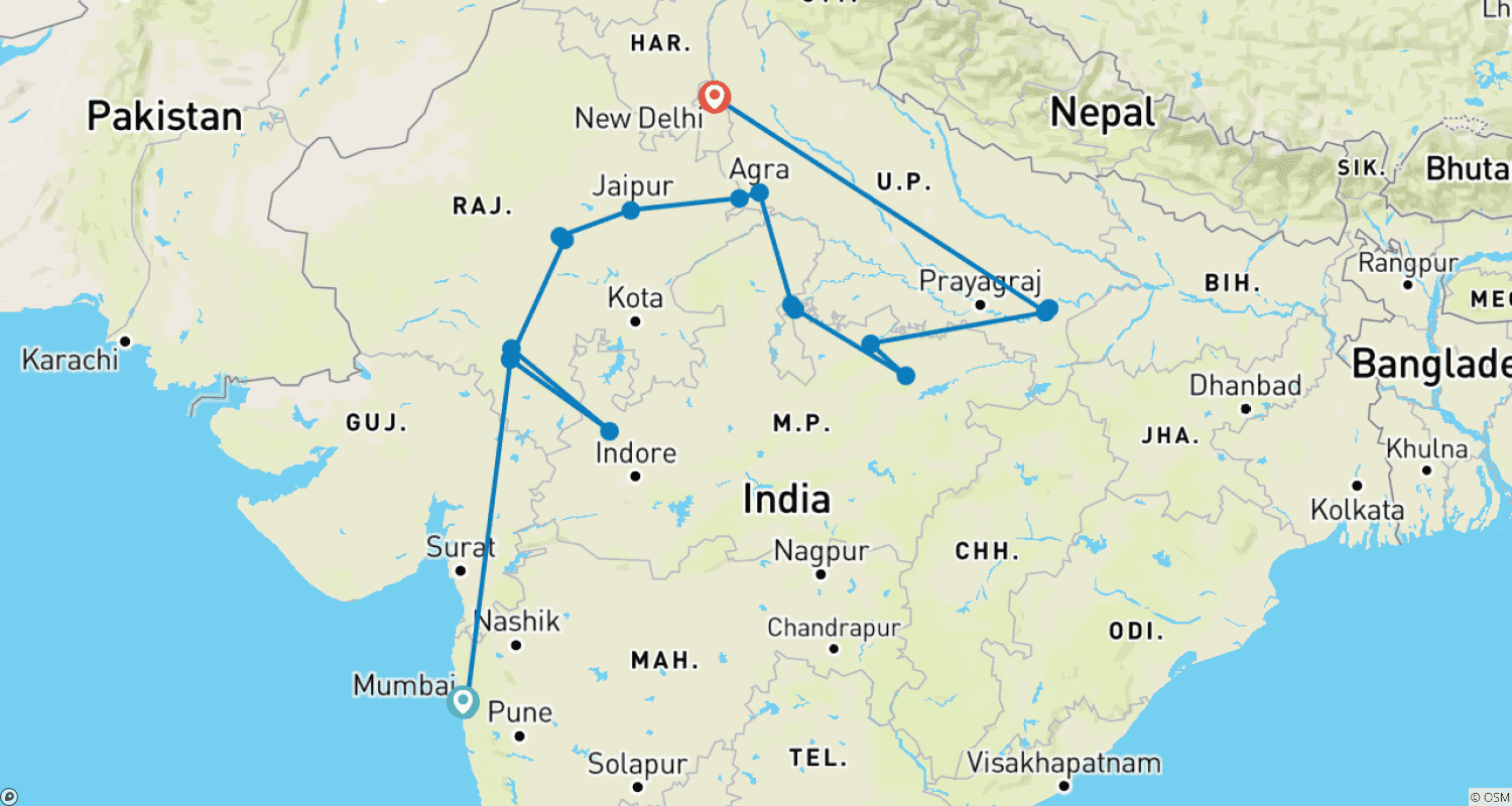 Taj Mahal and Heritage India Tourのルートマップ