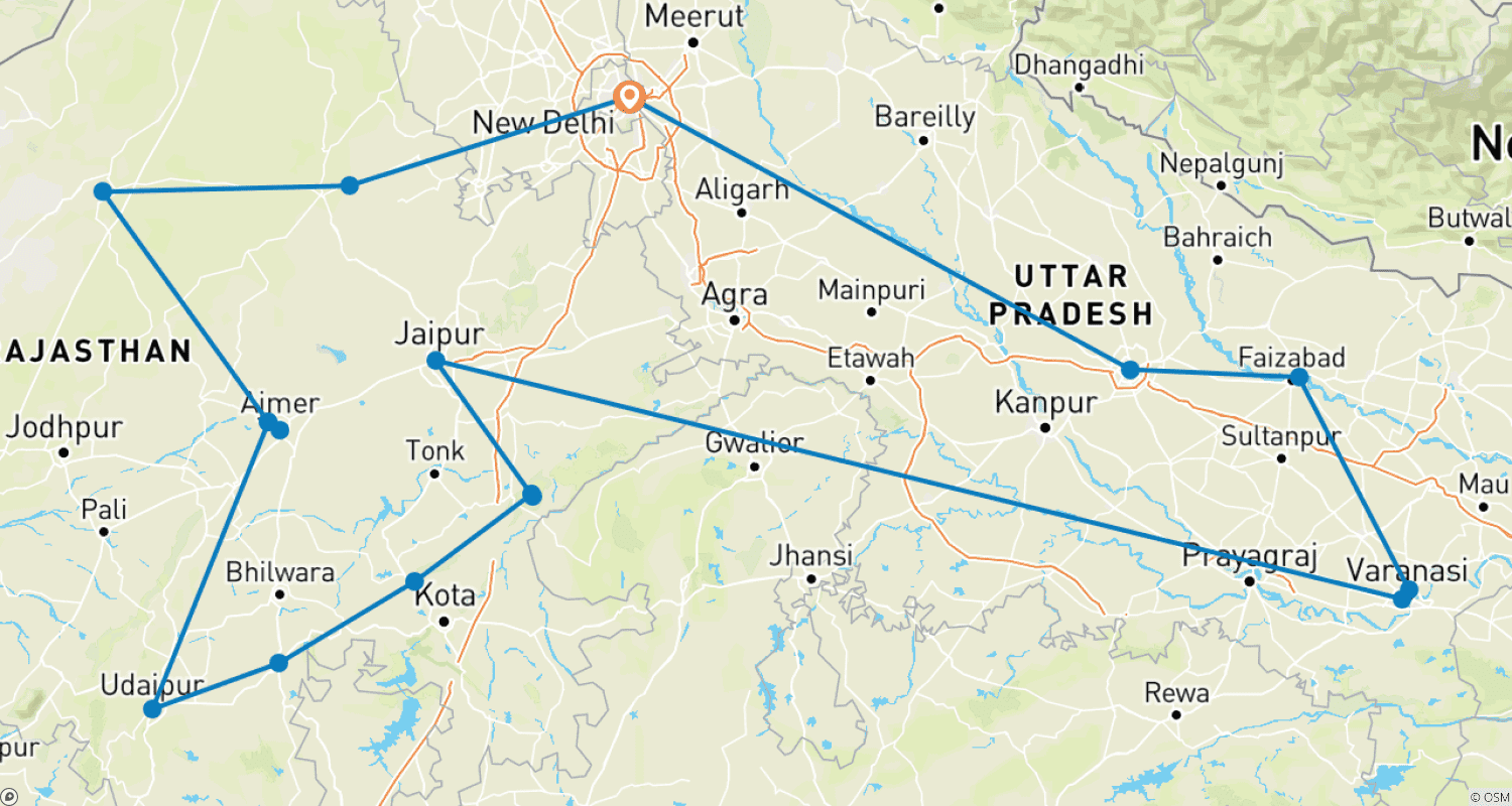Mapa do percurso de Viagem ao Norte da Índia com Varanasi