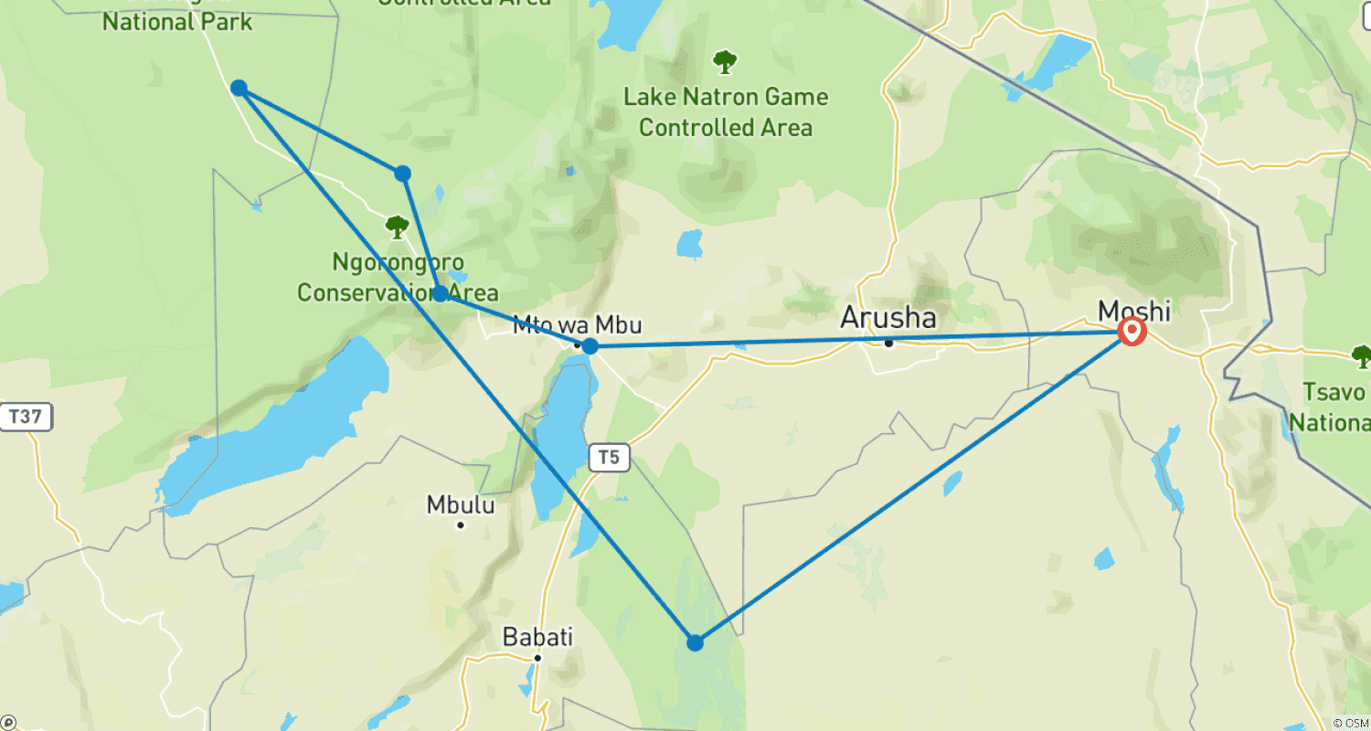 Mapa do percurso de 7 Dias de Safari na Tanzânia * Manyara, Serengeti, Garganta de Olduvai e Cratera de Ngorongoro*