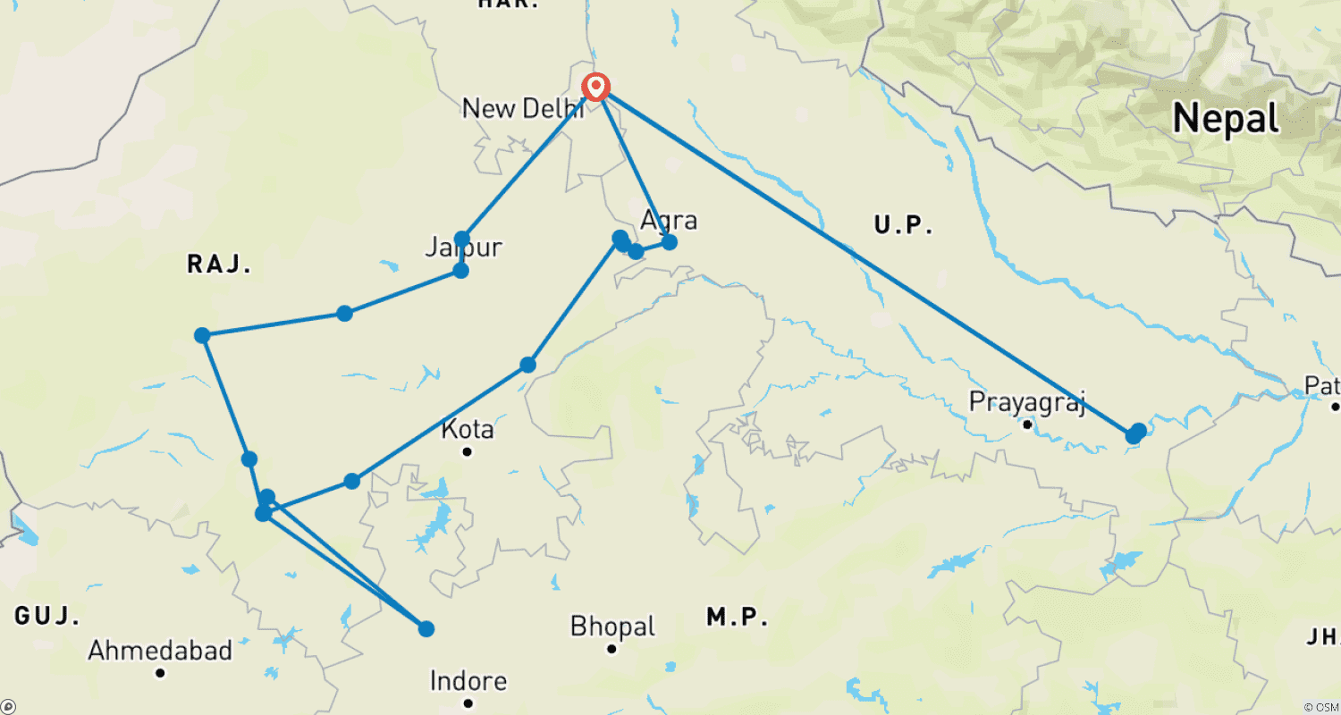 خريطة مسار Unraveling the Mysteries: 17 Days of Culture & Wildlife of Rajasthan with Varanasi(ALL INCLUSIVE)