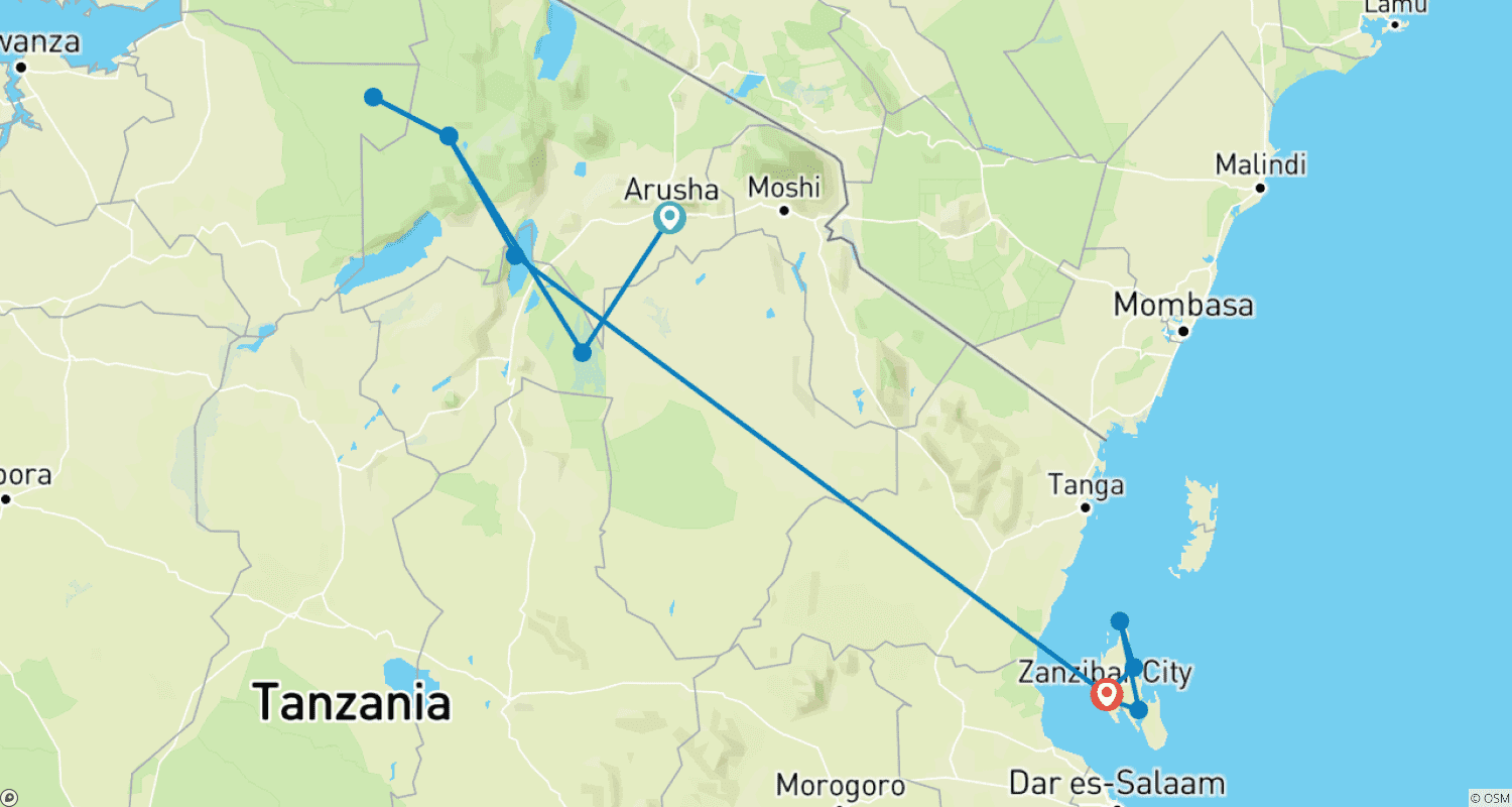 Mapa do percurso de Leões & Amor - Lua de Mel Inesquecível - Safári e Zanzibar