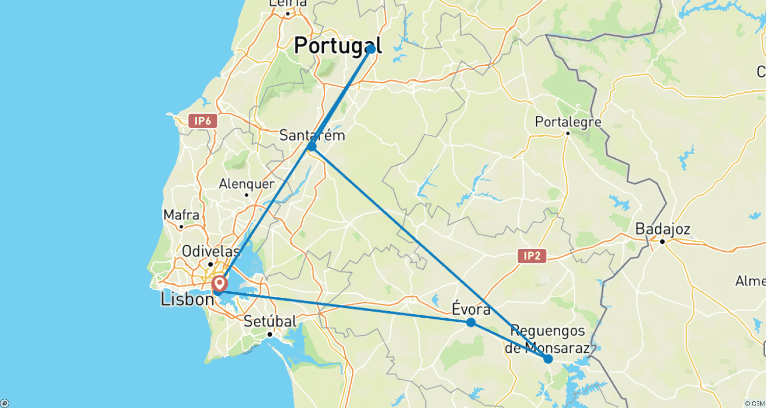 Mapa do percurso de A Capital, Adegas e os Cavaleiros Templários: Uma Viagem de 3 Dias por Lisboa, Évora e Tomar