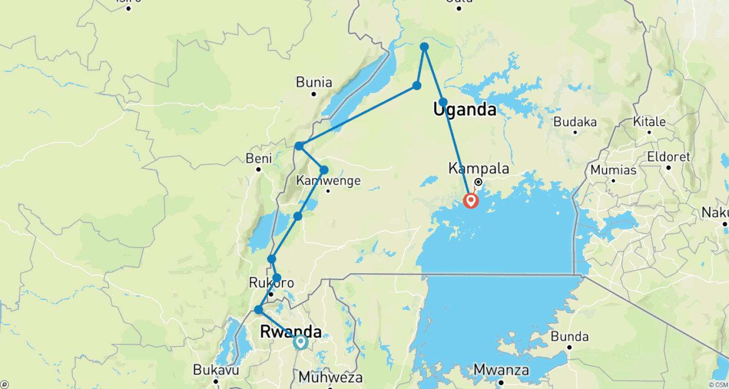 Mapa trasy: 10-dniowa eksploracja Ugandy i Rwandy.