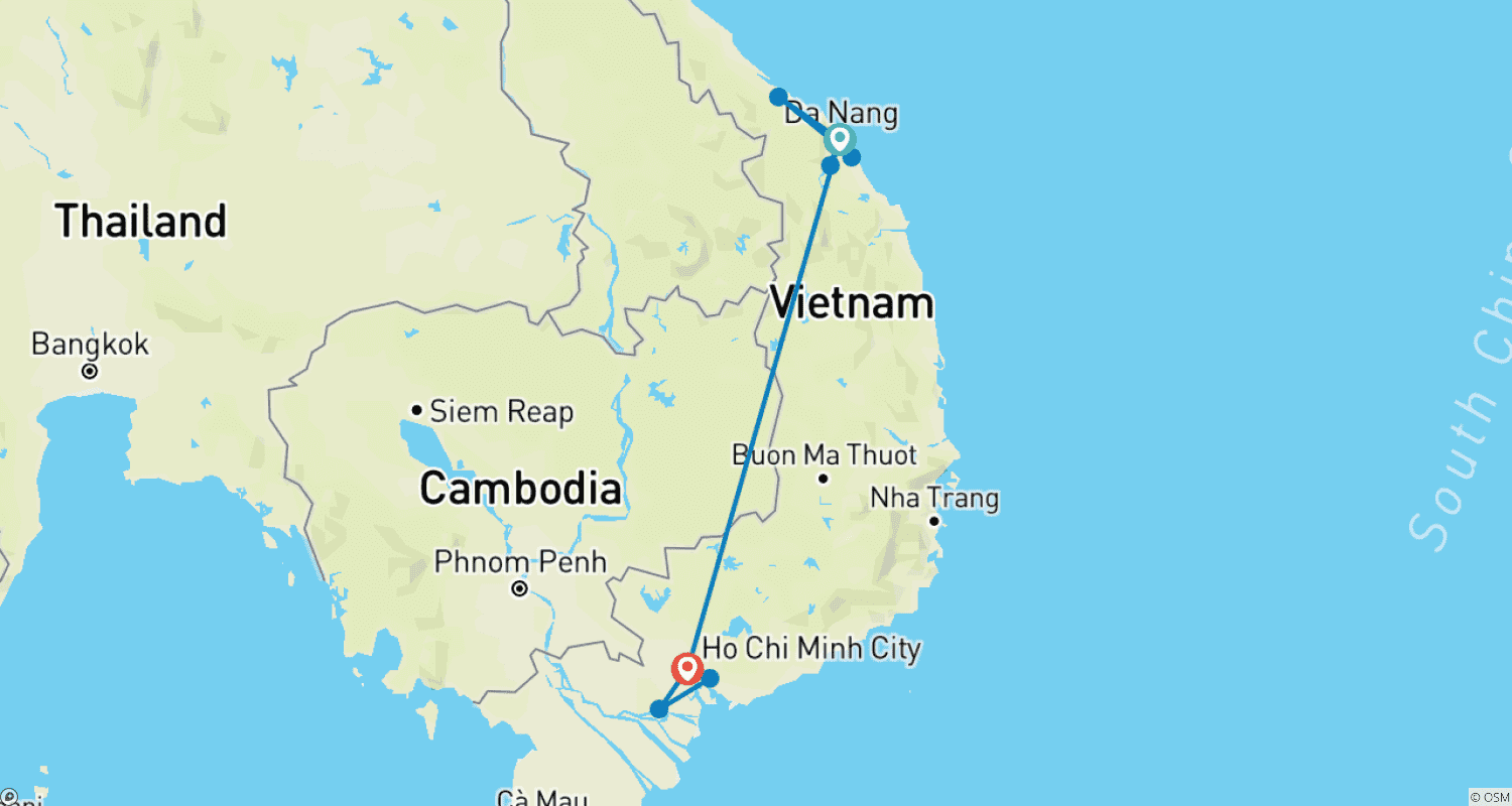 خريطة مسار Exploring Central to Southern Vietnam Itinerary 7 Days/6Nights