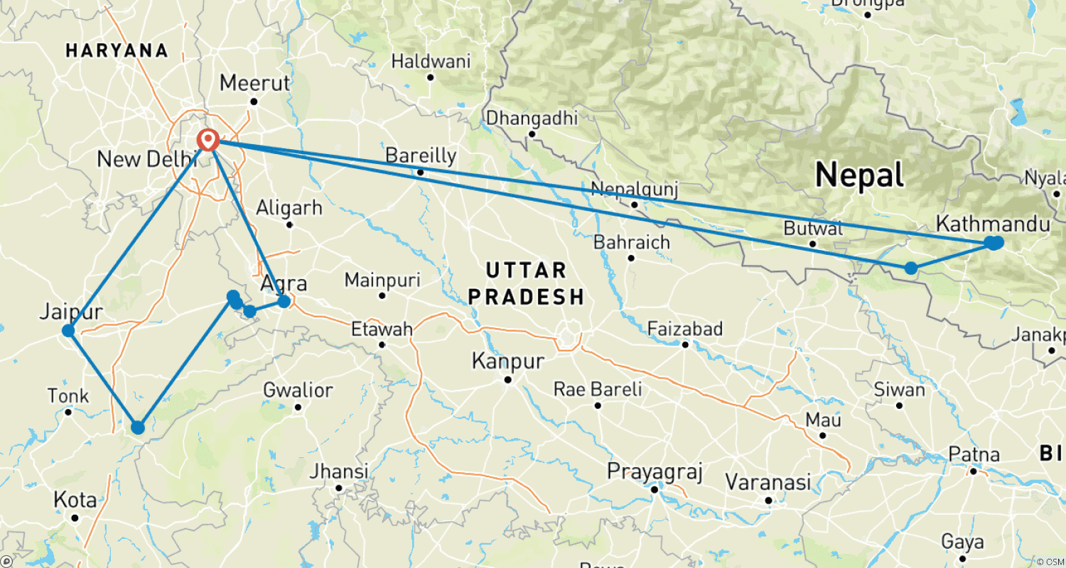 Mapa trasy: Słynna 14-dniowa wycieczka po Indiach i Nepalu z dziką przyrodą i Tadź Mahal