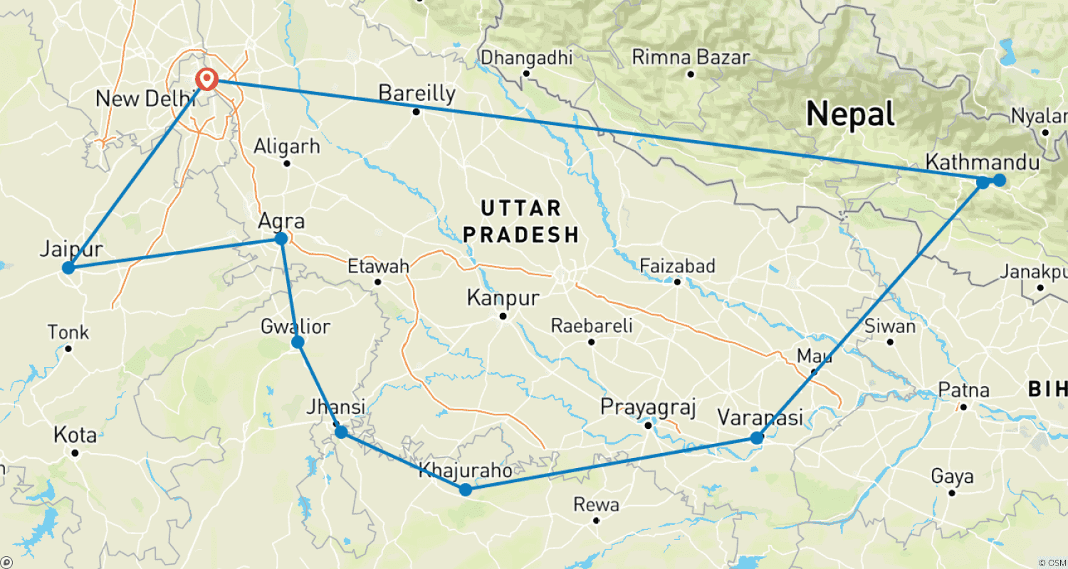 14 Days of Northern India's Tour with Serene Nepalのルートマップ