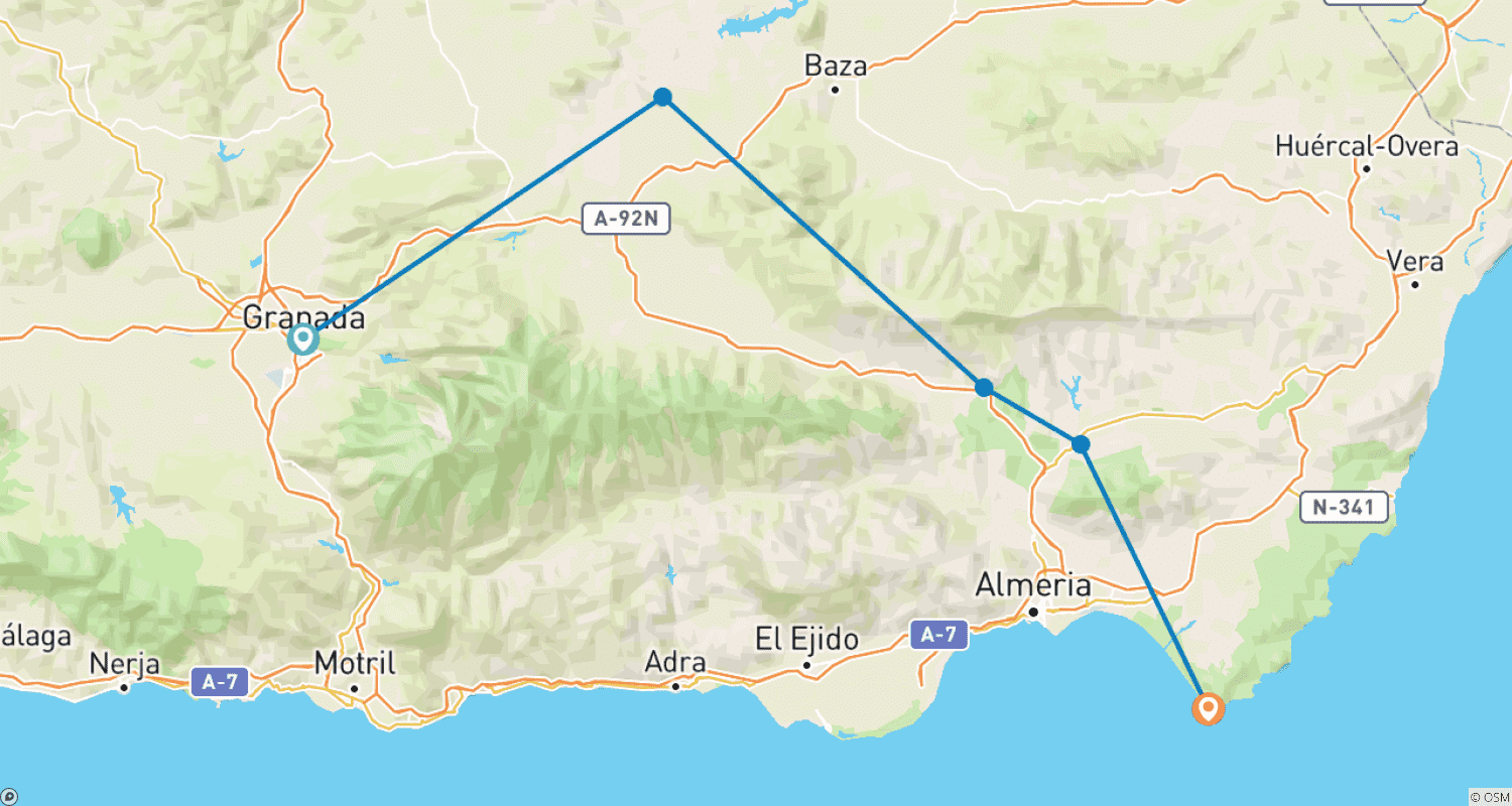 Mapa do percurso de Badlands: Granada a Cabo de Gata