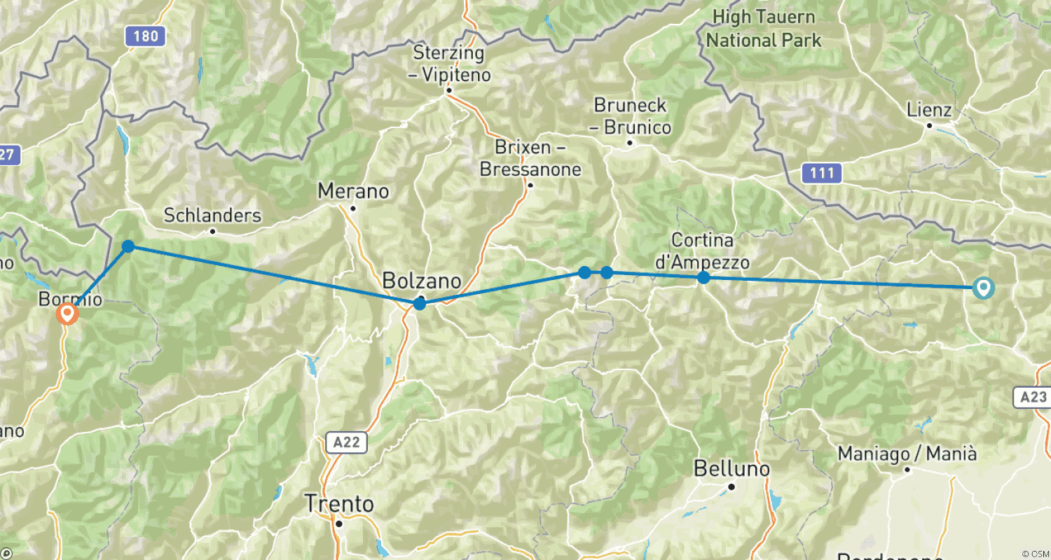 Mapa trasy: Wyzwanie Trans Dolomity (7 miejsc docelowych)
