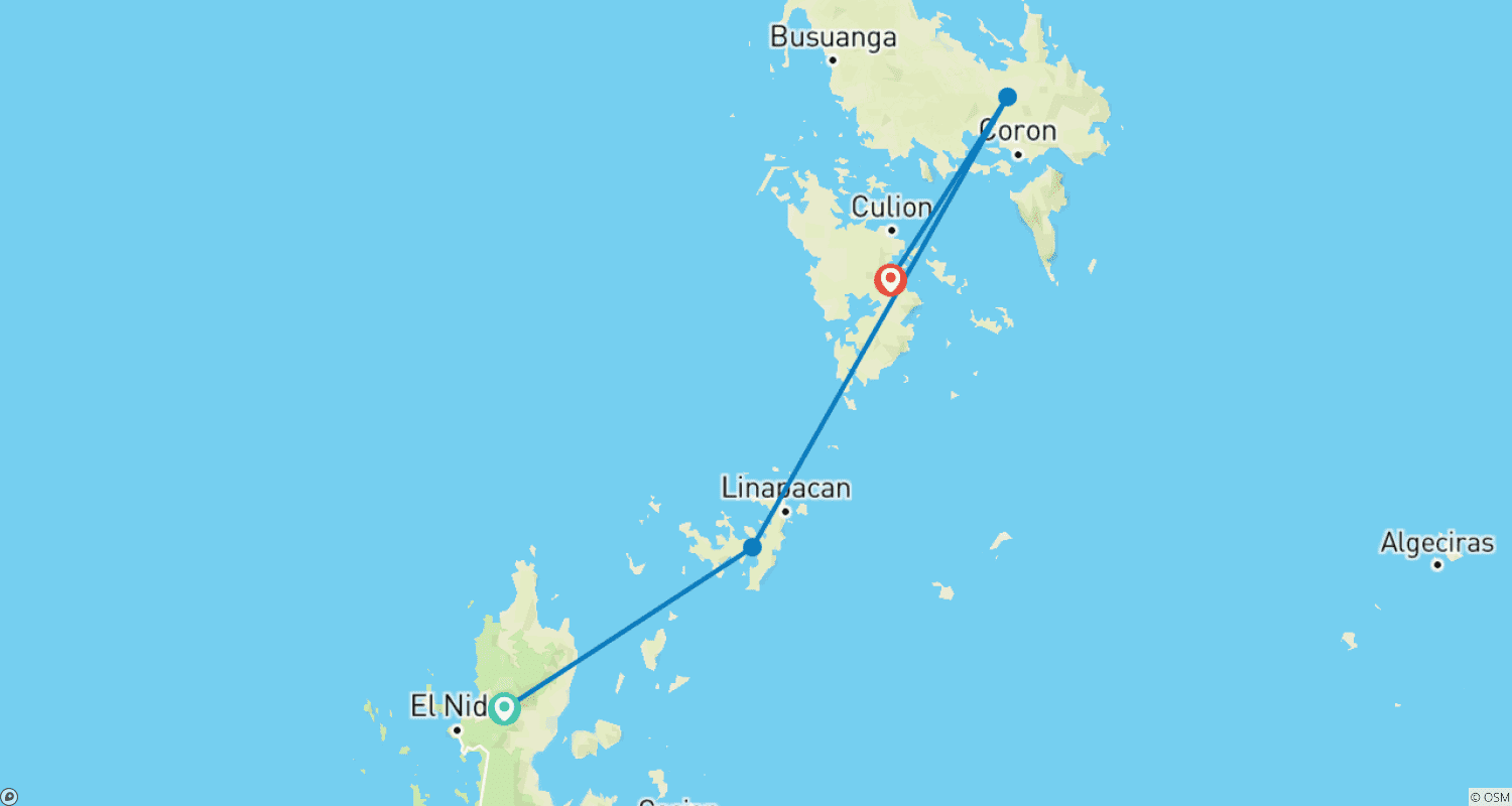 Mapa do percurso de Expedição Águas Claras 3 dias e 2 noites de El Nido para Coron