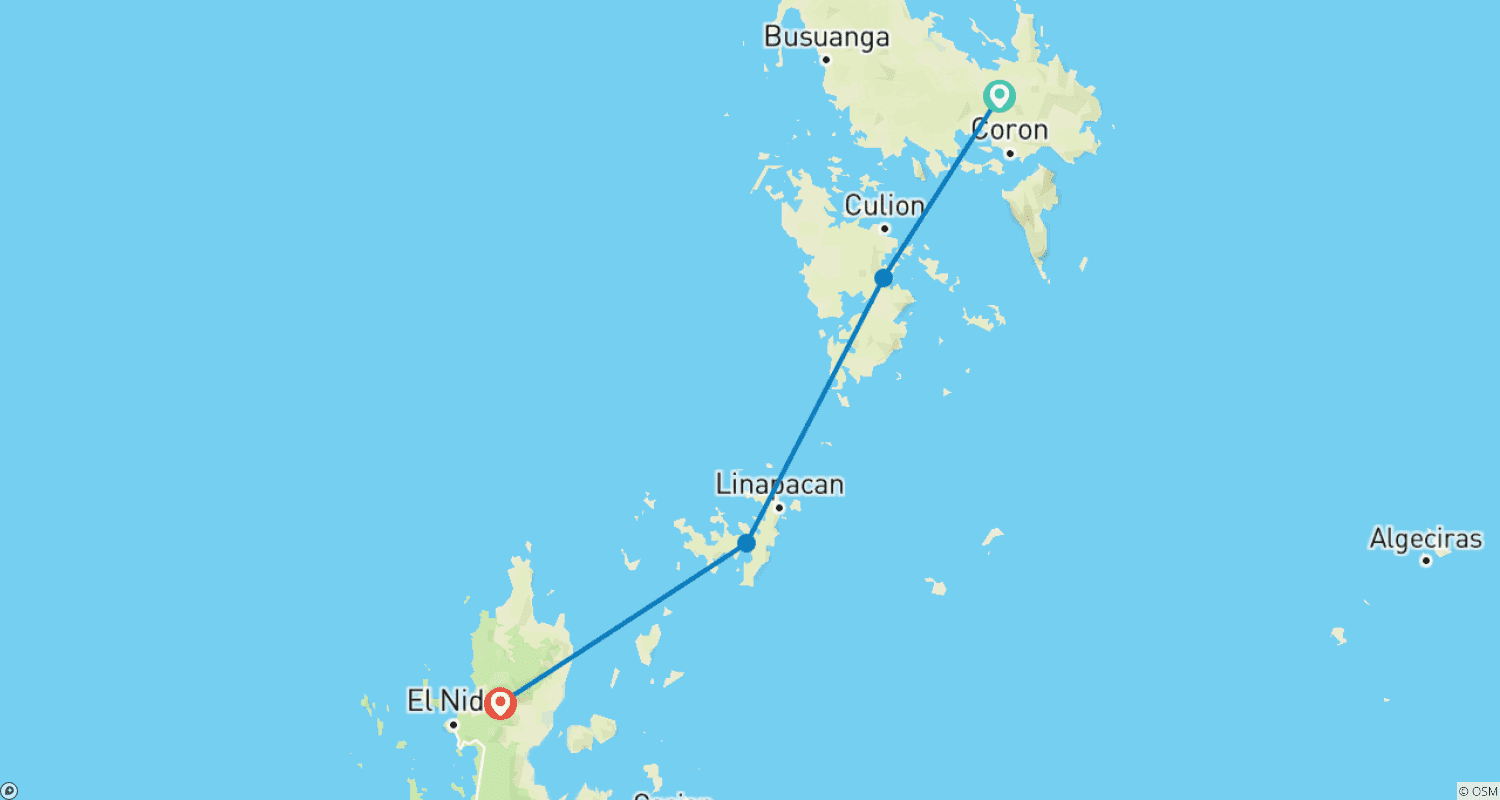 Mapa do percurso de Expedição Águas Claras: 3 dias e 2 noites de Coron para El Nido
