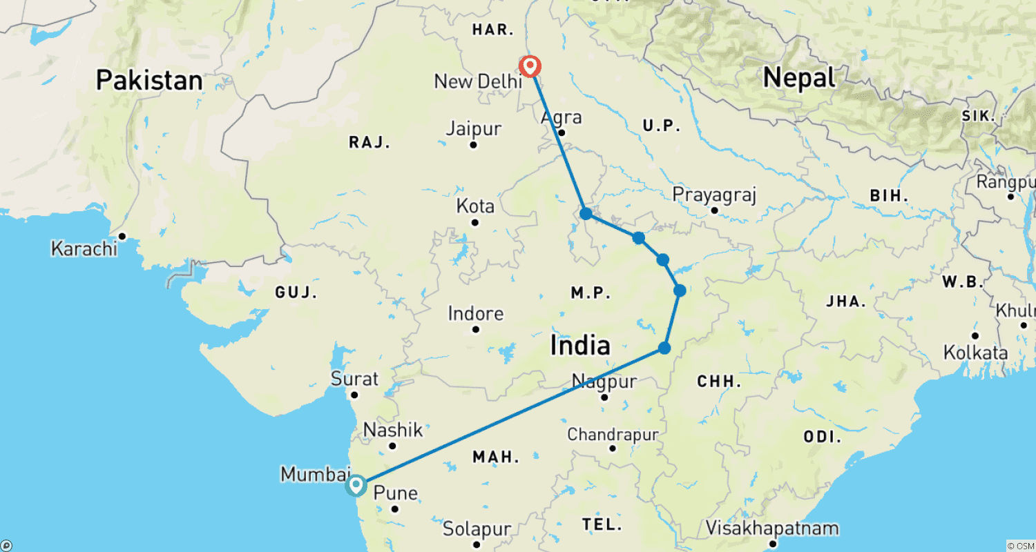 Mapa do percurso de O Chamado da Natureza: Uma Aventura de Vida Selvagem de 10 Dias a Partir de Mumbai (TUDO INCLUÍDO)