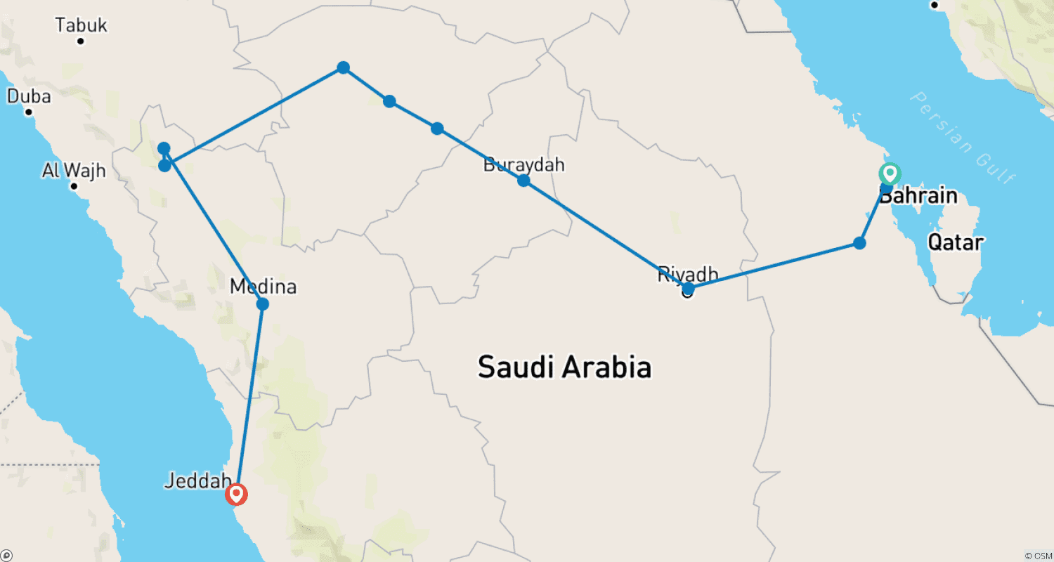 Mapa trasy: Przemierzając Arabię Saudyjską - Wycieczka Samochodowa