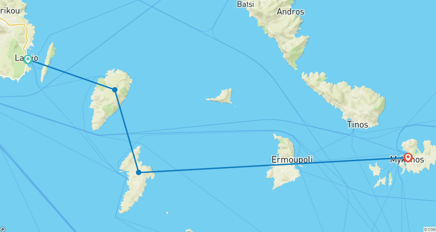 Mapa do percurso de Festa em Mykonos no Mar