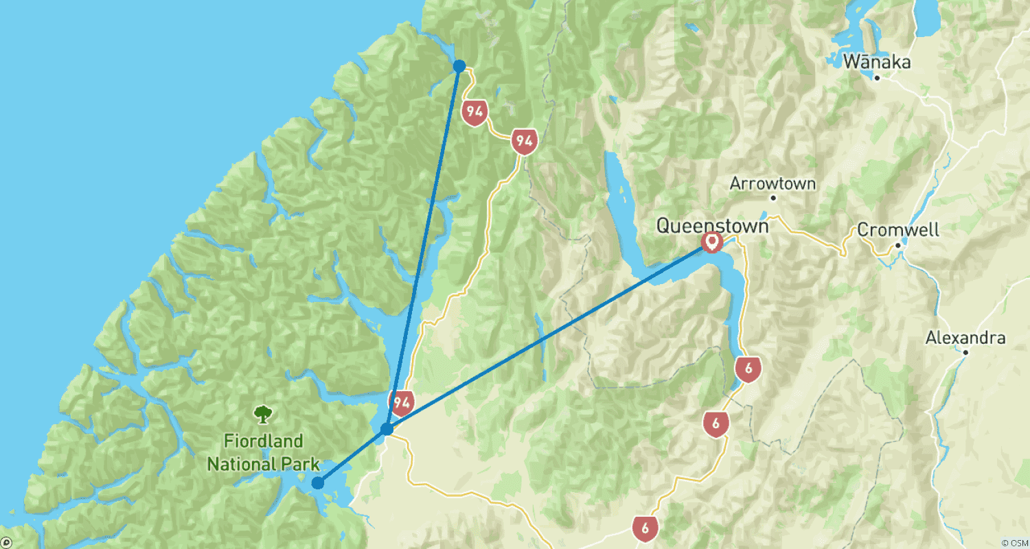 Mapa do percurso de Caminhe pelo Parque Nacional de Fiordland na Nova Zelândia