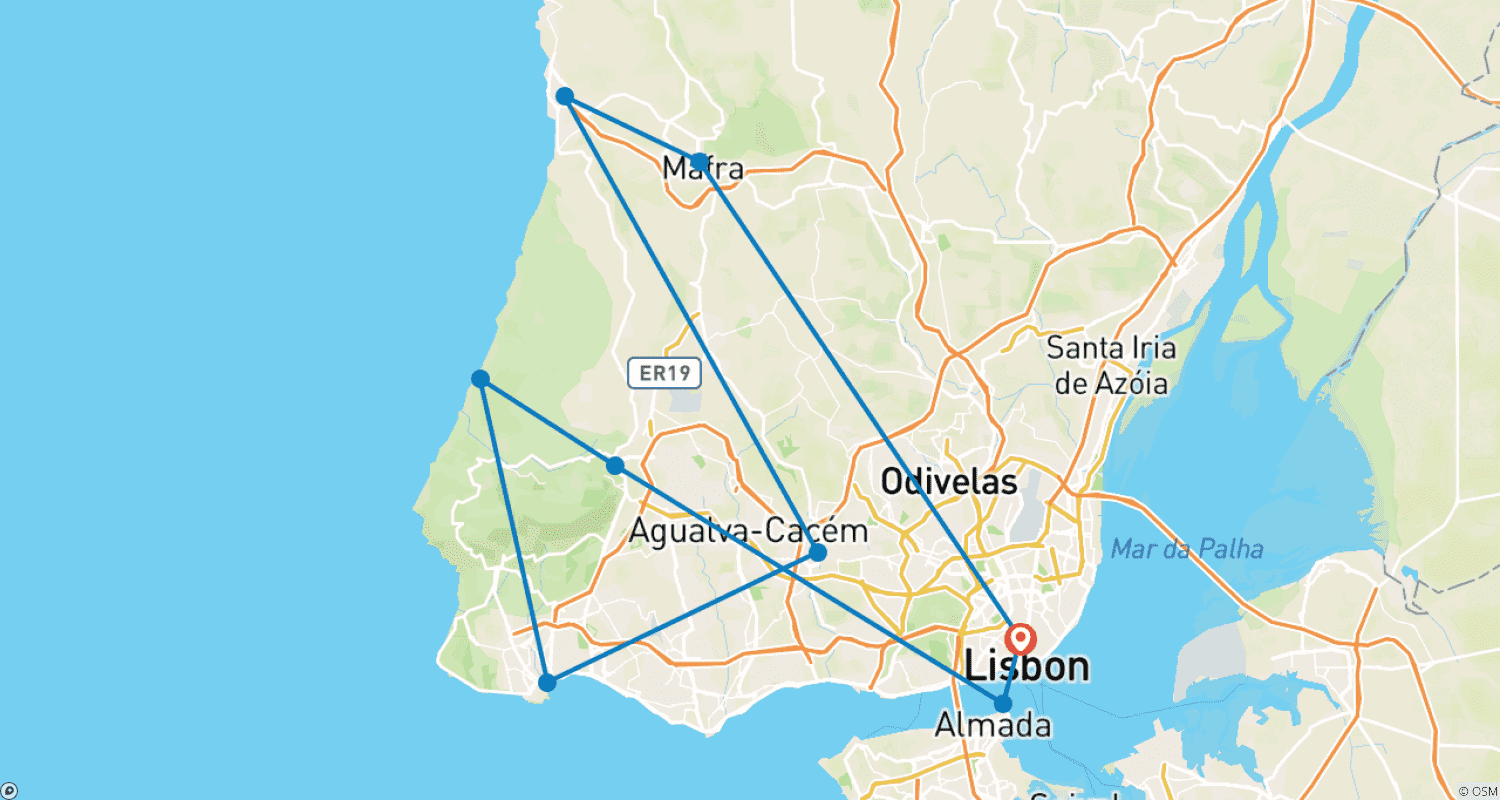 Mapa trasy: Miejskie Atrakcje i Królewskie Ustronia: 3-dniowa wycieczka po Lizbonie i jej okolicach
