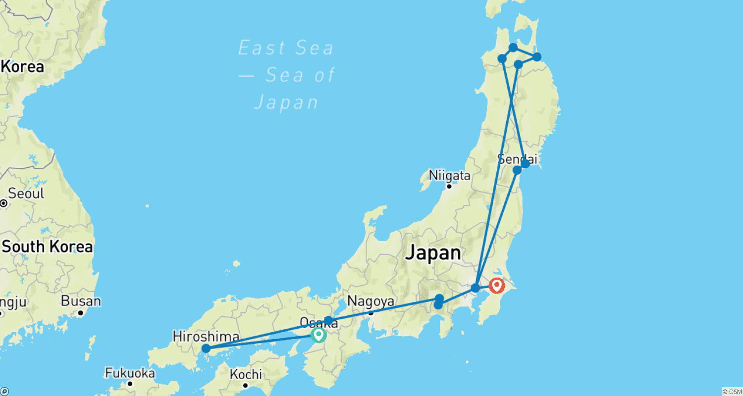 Mapa do percurso de Japão Majestoso