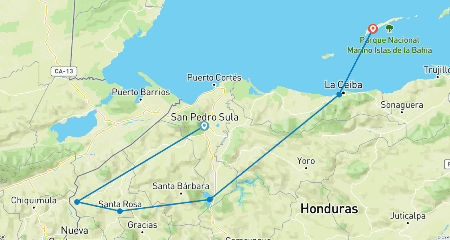 Mapa do percurso de Melhor Excursão Familiar de 10 Dias em Honduras Sob Medida com Partida Diária