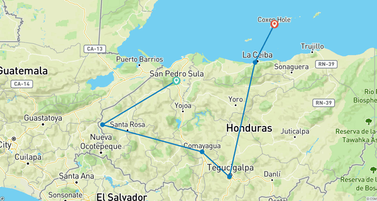 Mapa do percurso de Aventura Personalizada de 14 Dias em Honduras, Partida Diária e Guia Privado