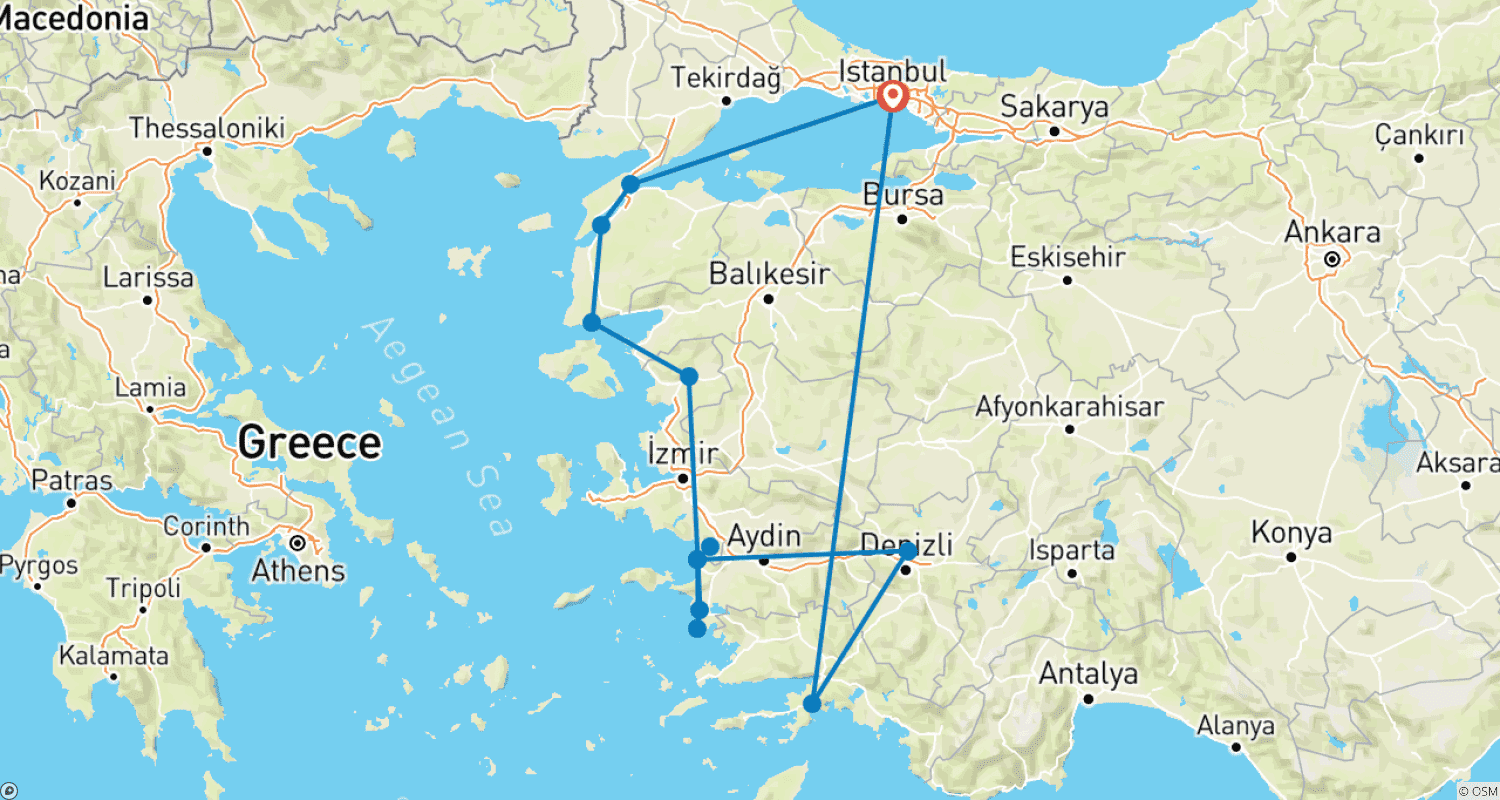 Mapa do percurso de 11 Dias de Lazer na Turquia Ocidental