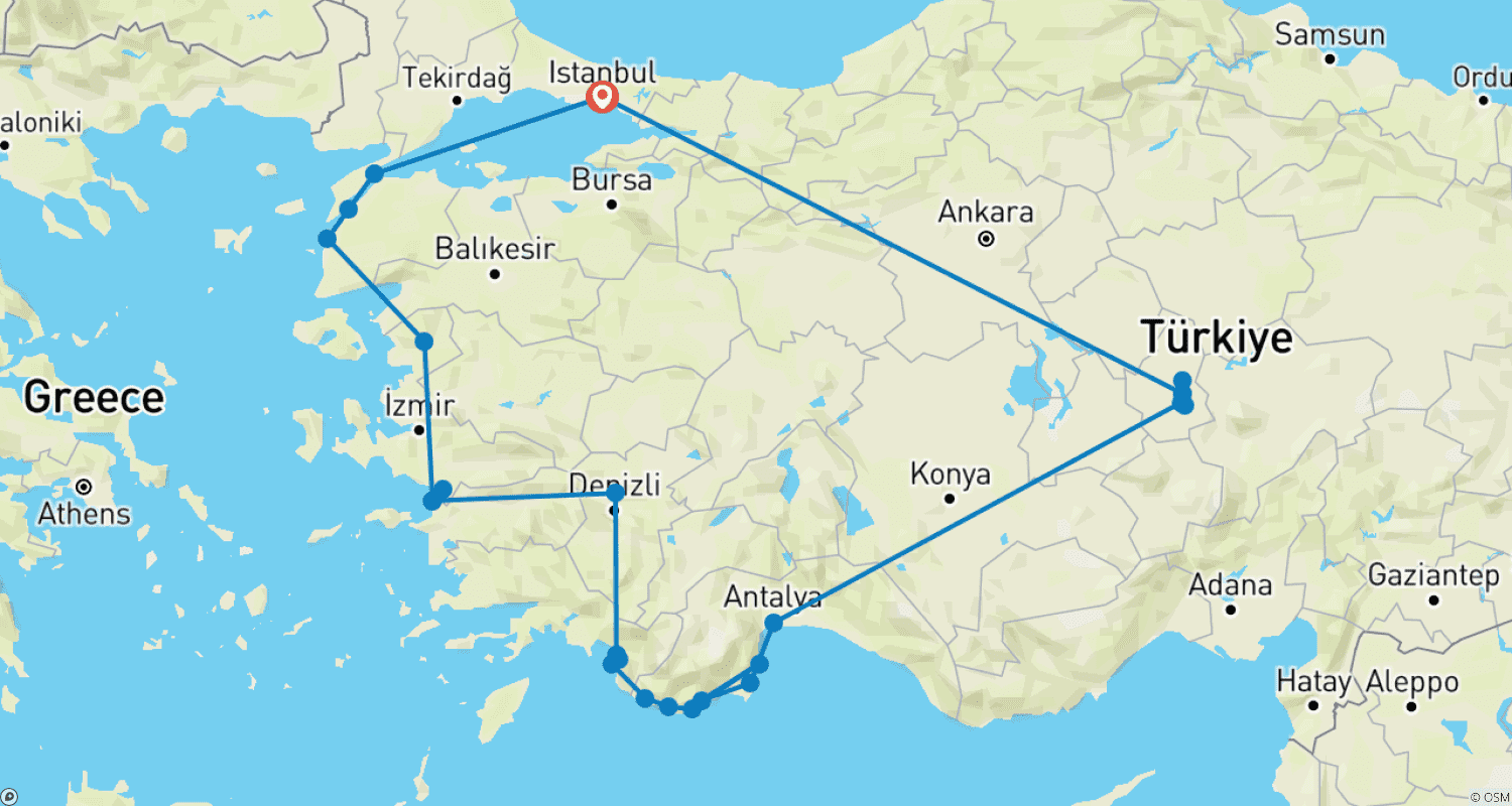 Mapa do percurso de Grande Viagem de 15 Dias pela Turquia com Cruzeiro Azul