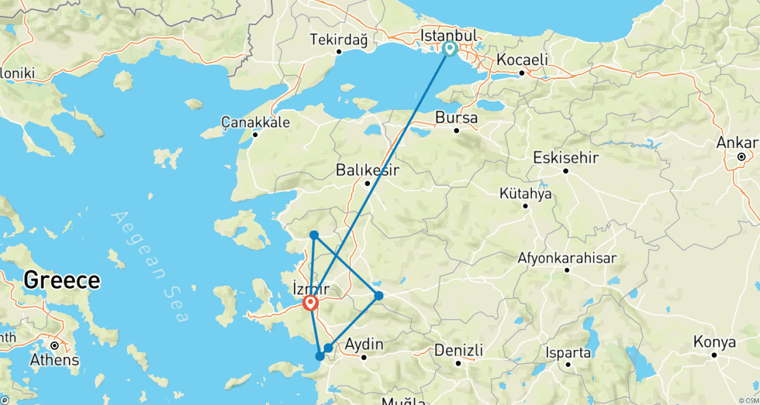 Mapa do percurso de Seguindo o Legado de João: Uma Peregrinação de 6 Dias às 7 Igrejas da Turquia