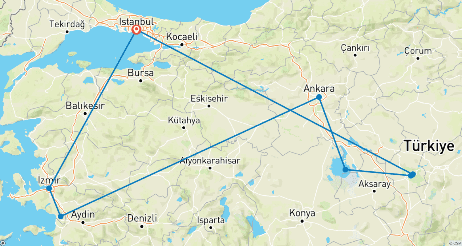 خريطة مسار جولة تركيا في صميمها لمدة 7 أيام