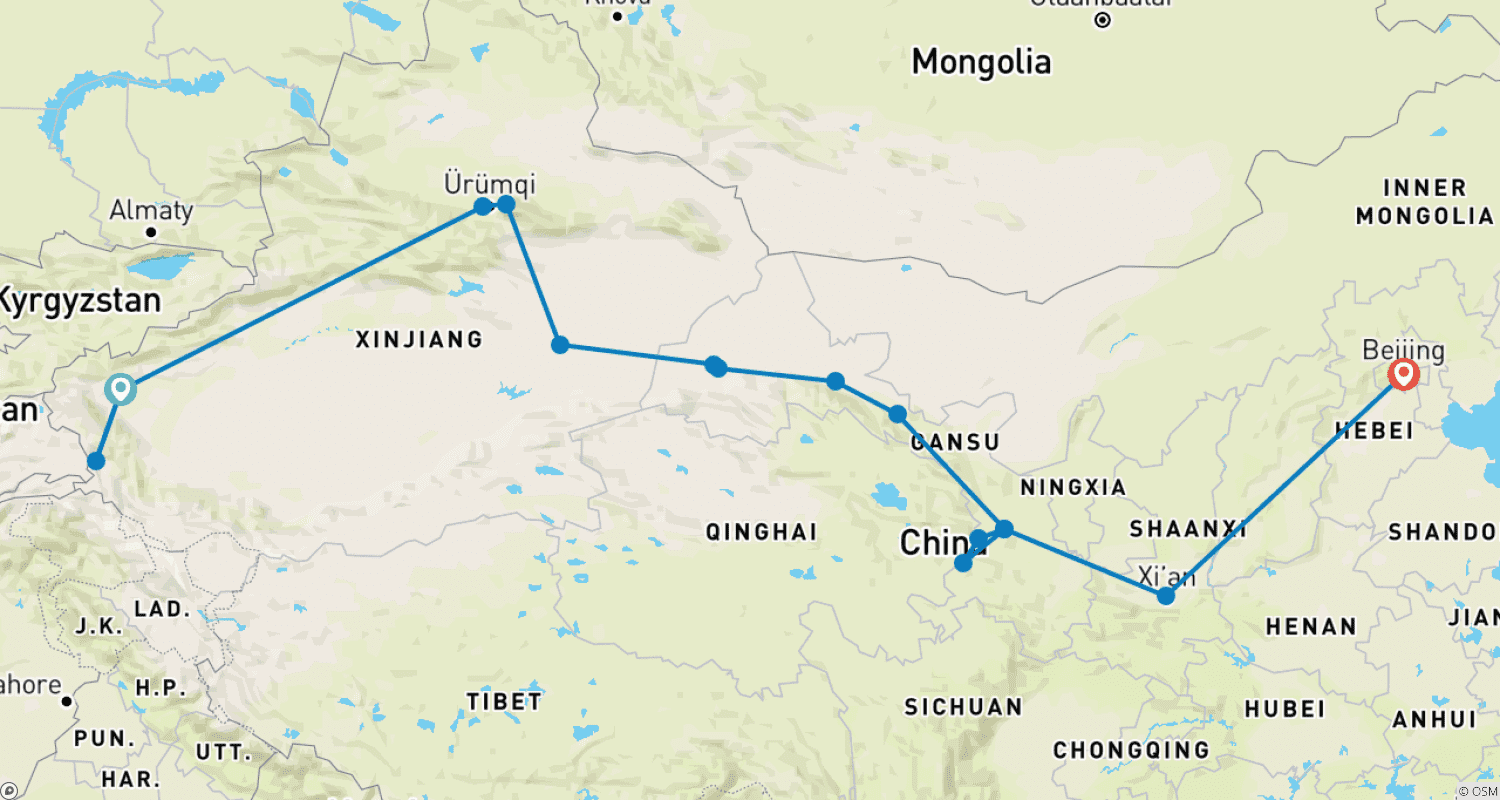 Mapa do percurso de China Silk Road Encompass: Kashgar to Beijing 18D