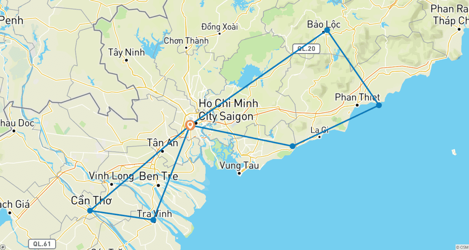 Cycling Mekong Delta & Saigon Surroundings 7 Daysのルートマップ