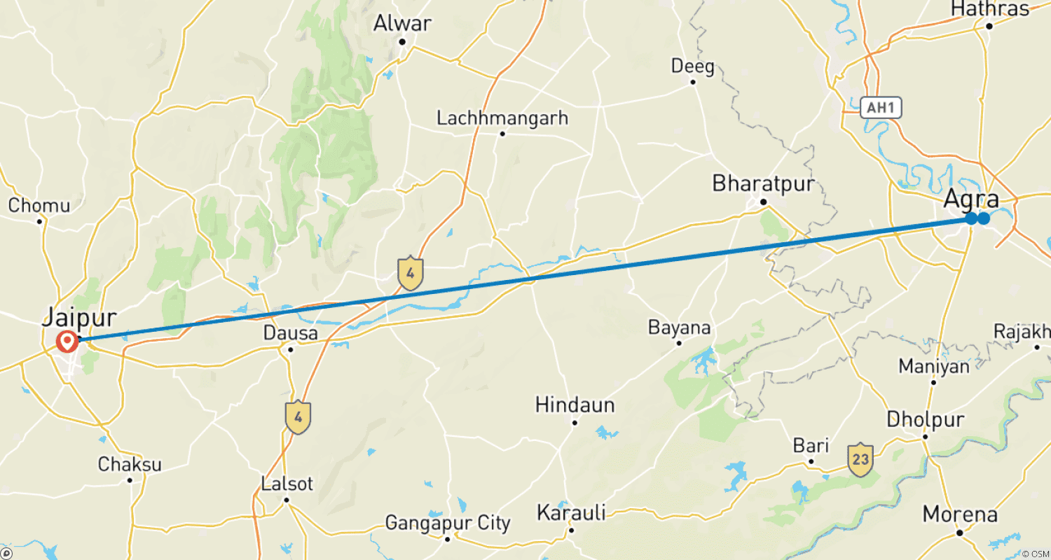 Mapa trasy: Wycieczka do Tadż Mahal z Jaipur z lunchem w 5-gwiazdkowych hotelach