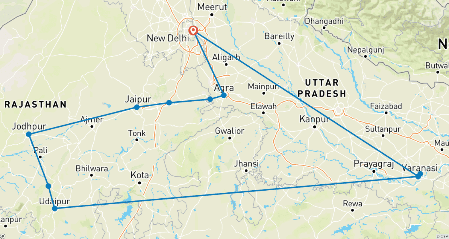 Mapa do percurso de Rajasthan and Varanasi Tour Package